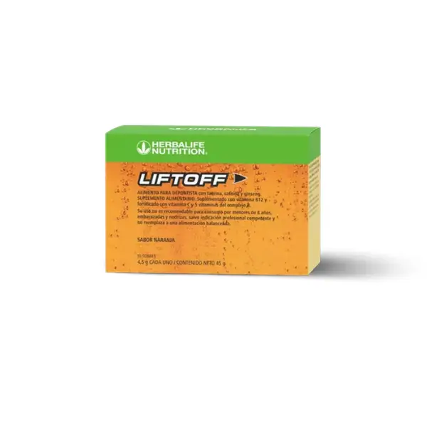 Liftoff Herbalife Chile sabor Naranja, caja con 10 sobres de polvo efervescente