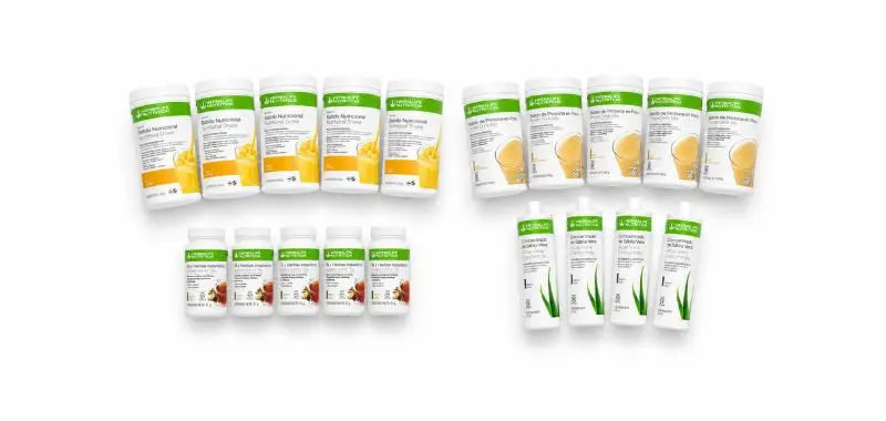 Ejemplo pack nivel Oro Herbalife: Fórmula 1 x5, PDM x5, Té x5, Aloe Vera x4