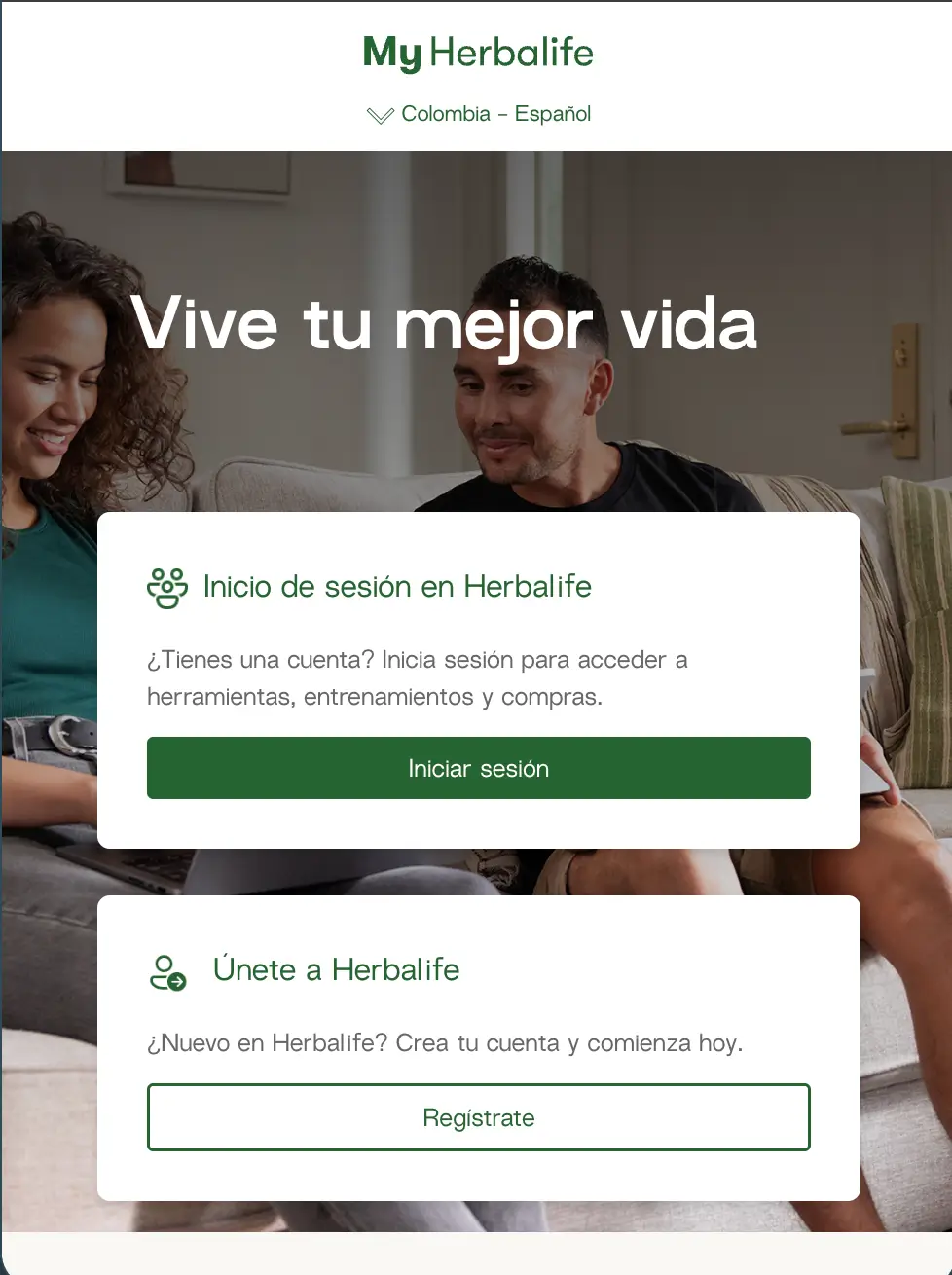 Pantalla de inicio myherbalife.com con opciones Inicia sesión y Regístrate, Colombia