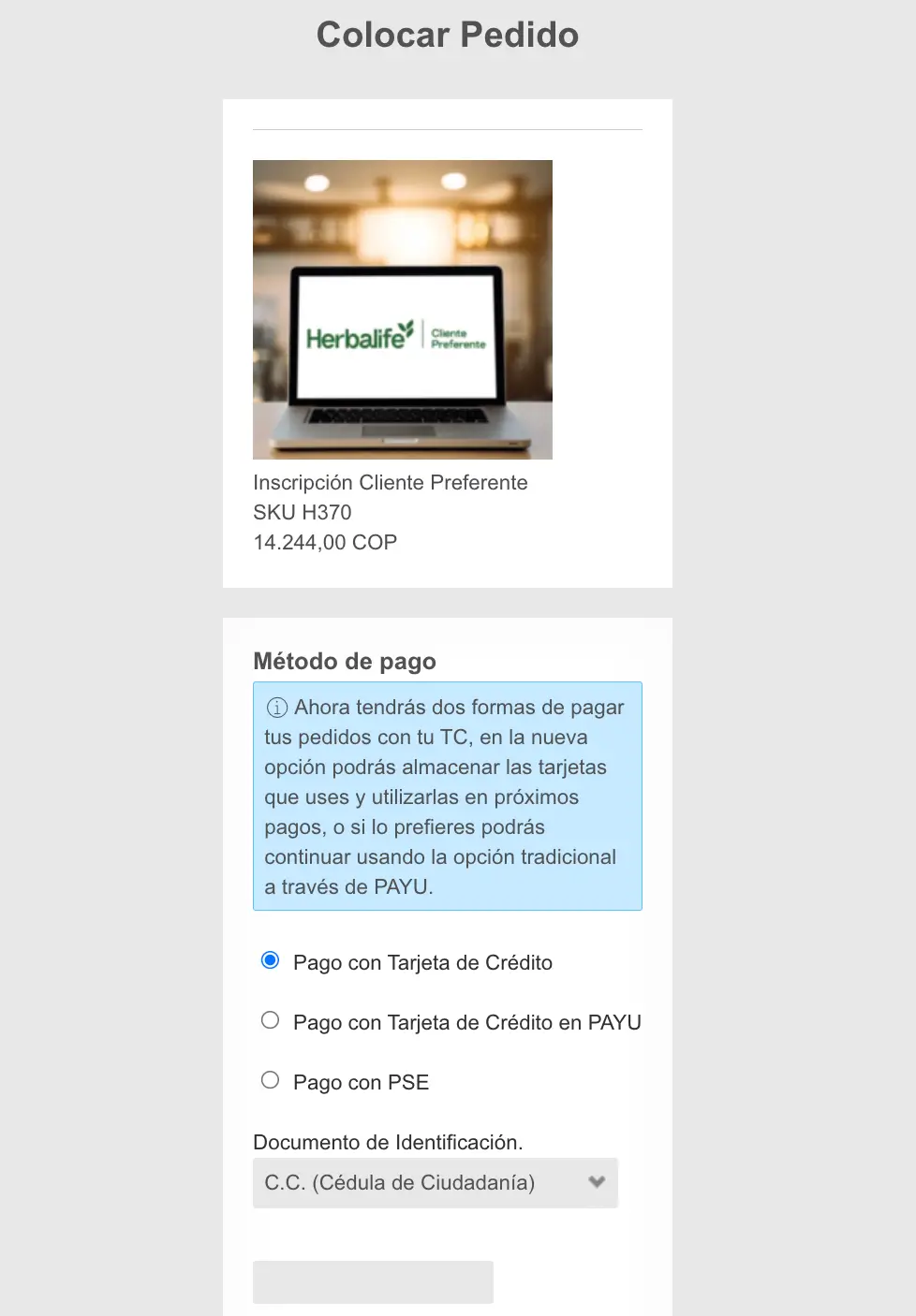 Resumen de pago de la membresía Cliente Preferente en Colombia