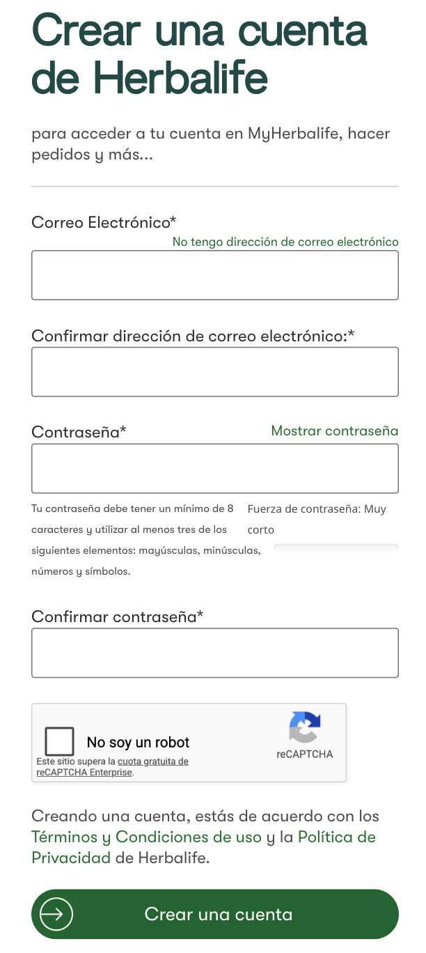 Formulario de creación de cuenta MyHerbalife