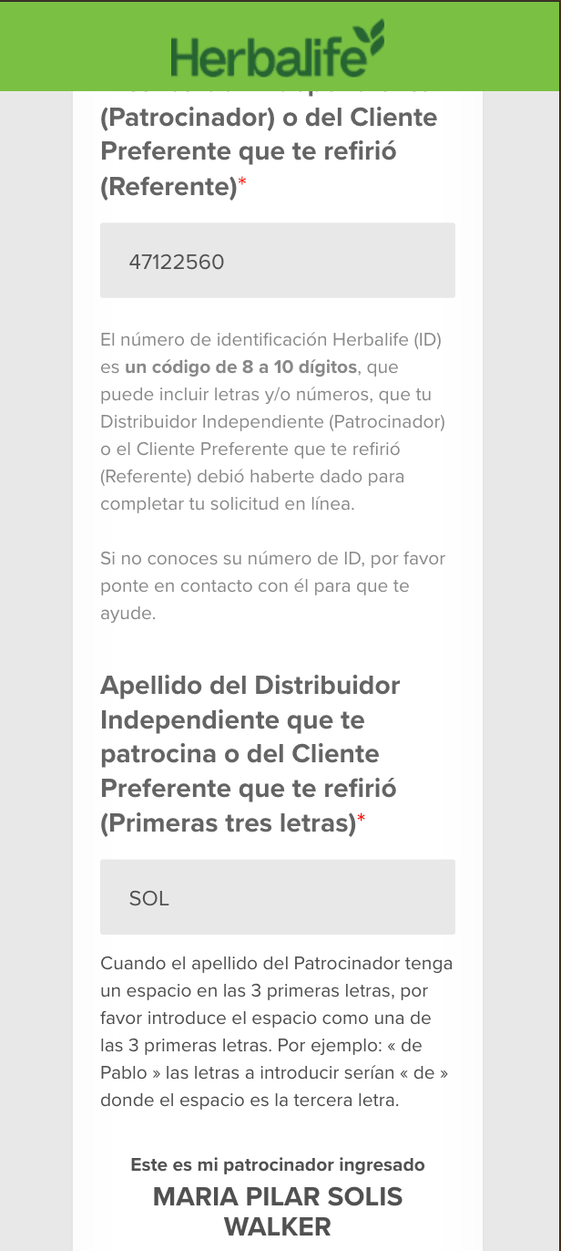 Campo ID patrocinador con 47122560 ingresado y apellido SOL
