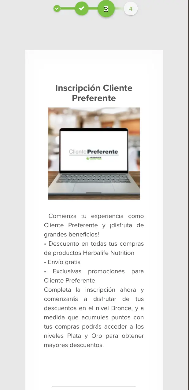 Pantalla Inscripción Cliente Preferente mostrando beneficios