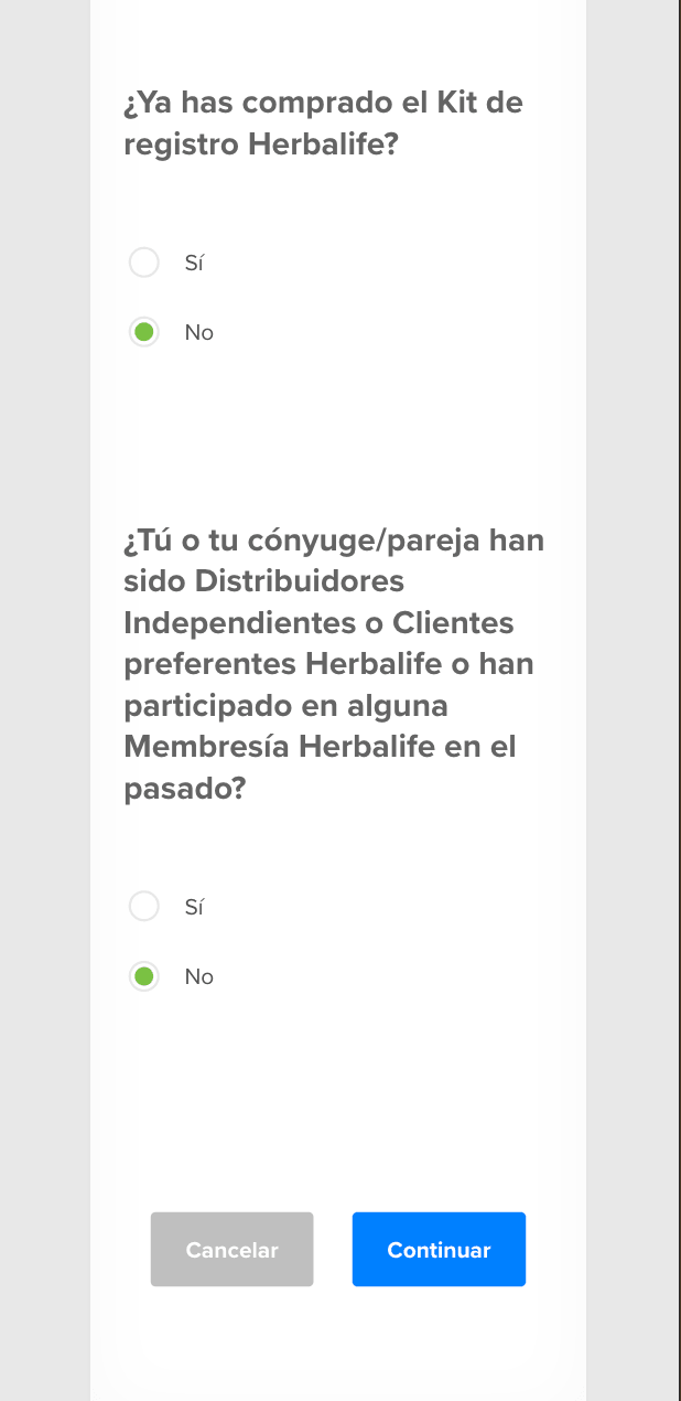 Preguntas de antecedentes Herbalife, ambas con No seleccionado