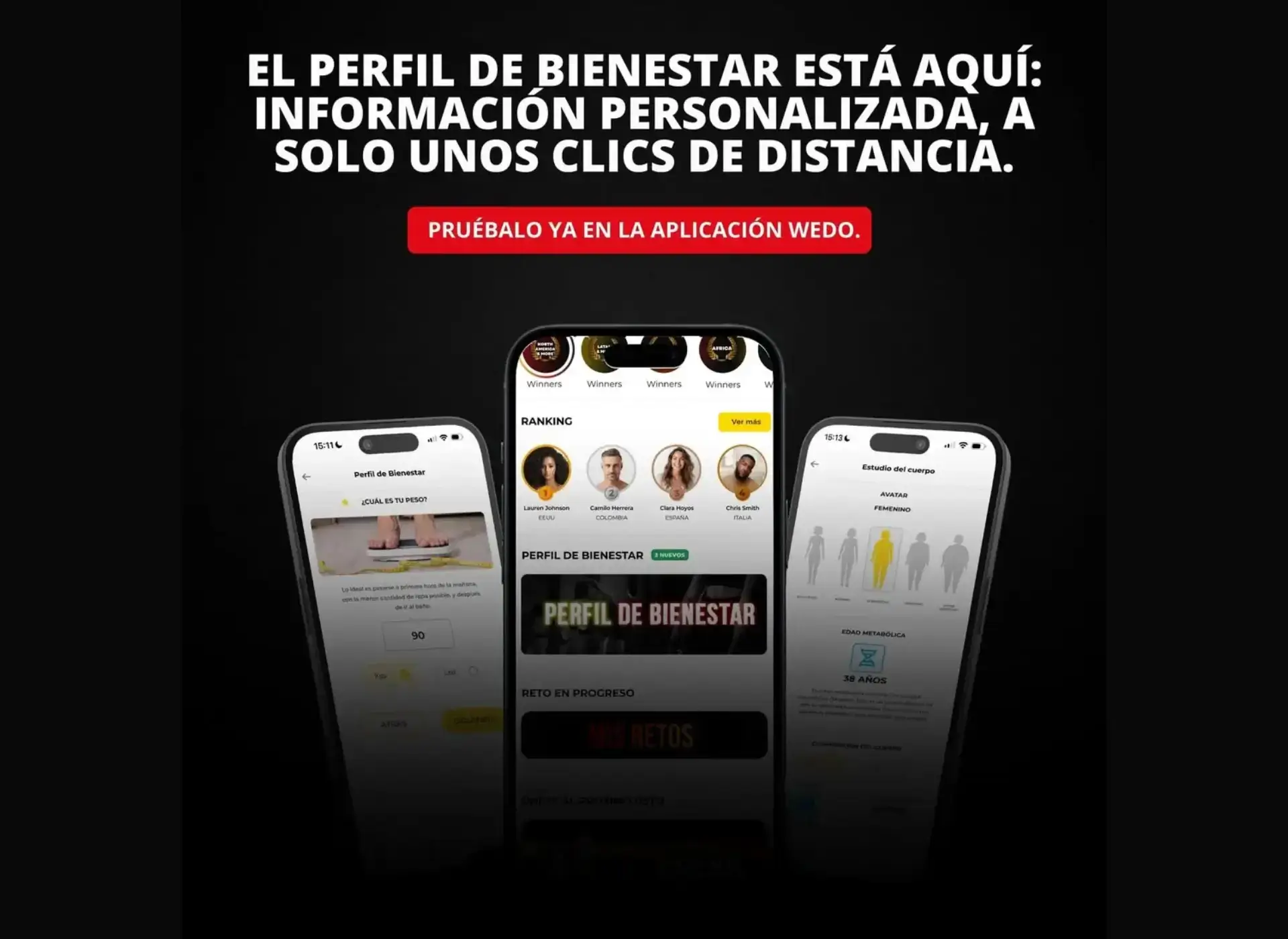 Interfaz de WEDO App mostrando el Perfil de Bienestar en móvil y escritorio