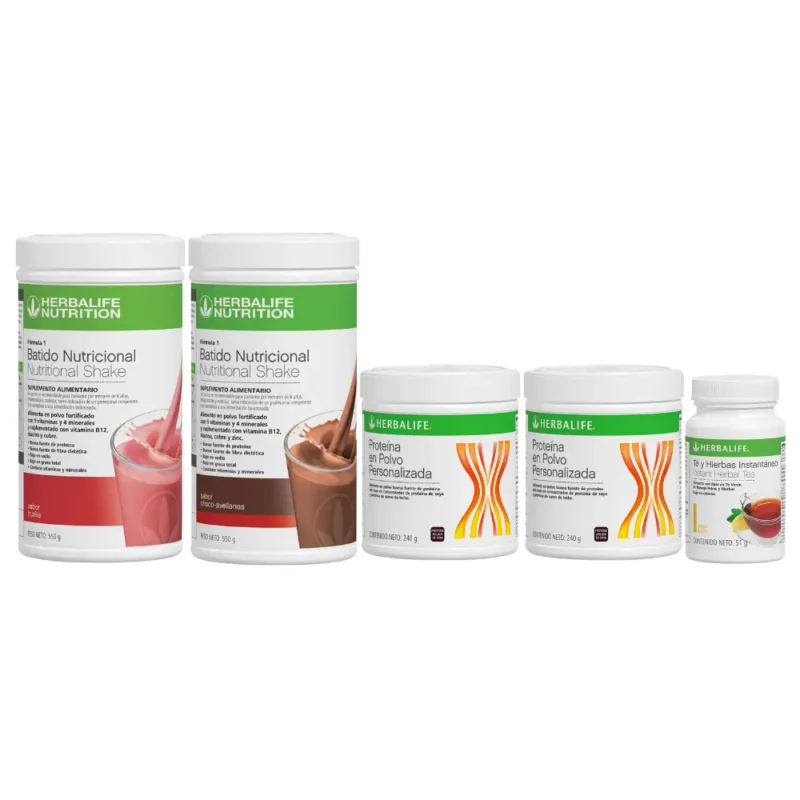 Contenido del Plan Avanzado Herbalife: Batidos Fórmula 1, Té Concentrado y Proteína en polvo ppp, ideales para bajar de peso y tonificar el cuerpo.